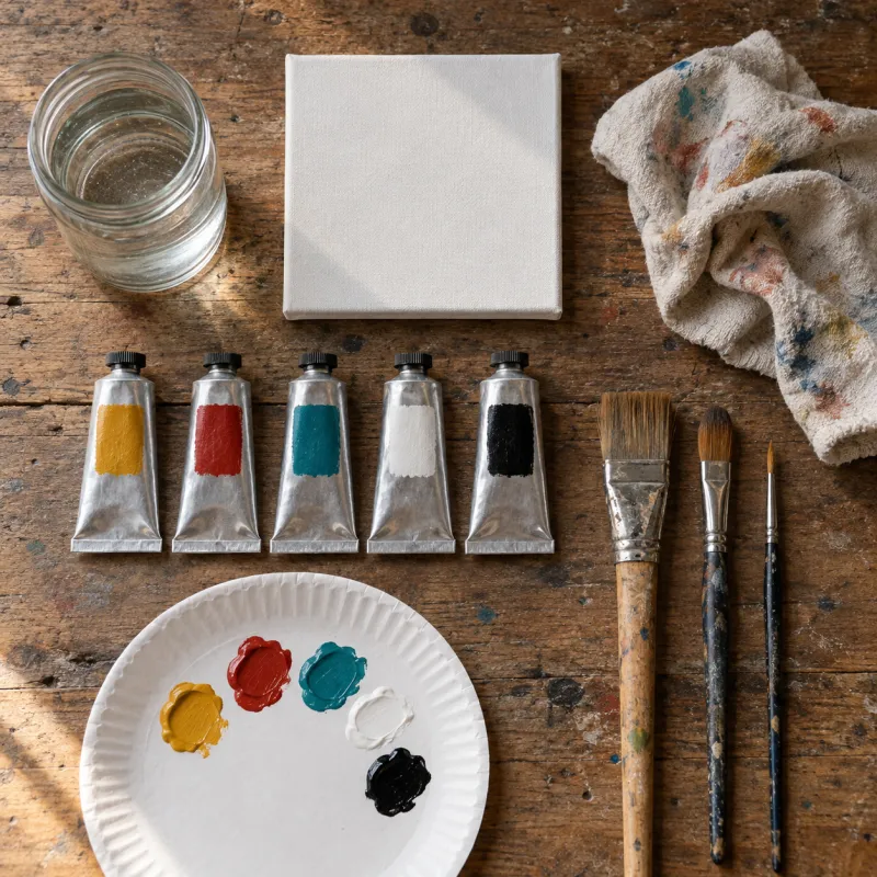 Flat-lay of five acrylic paint tubes, three brushes, a blank canvas, a paper palette, a water jar and a rag