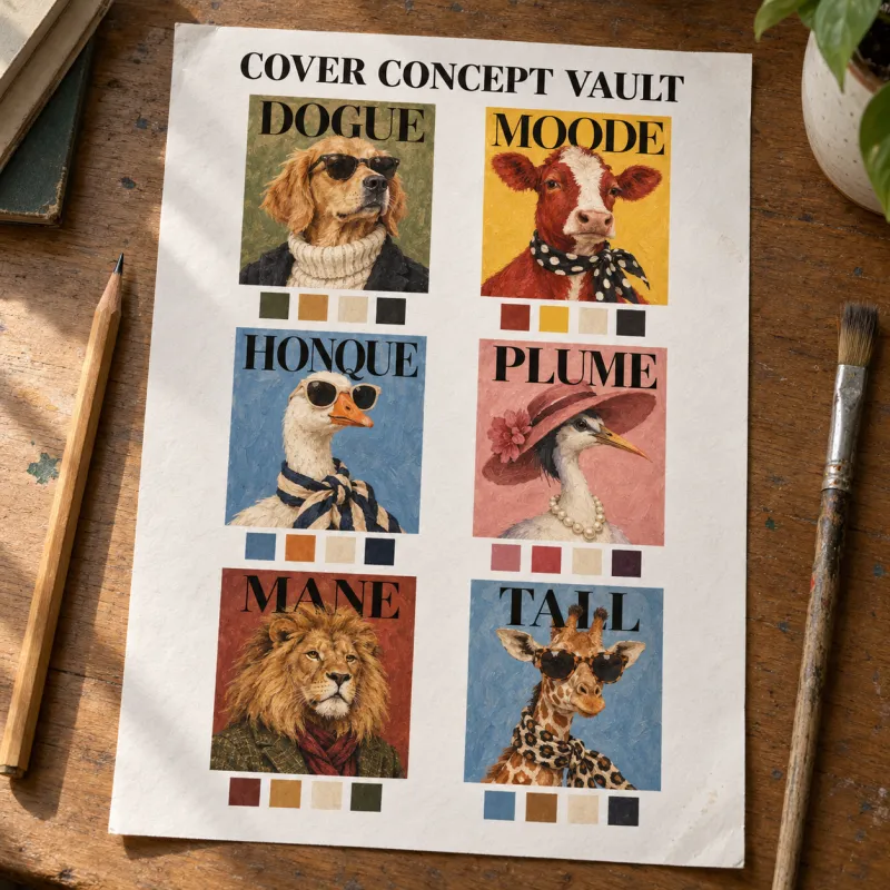 Printed Cover Concept Vault sheet with six animal cover ideas and color palettes