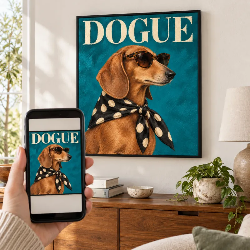 Framed DOGUE painting on a living-room wall, with a phone showing a photo of it
