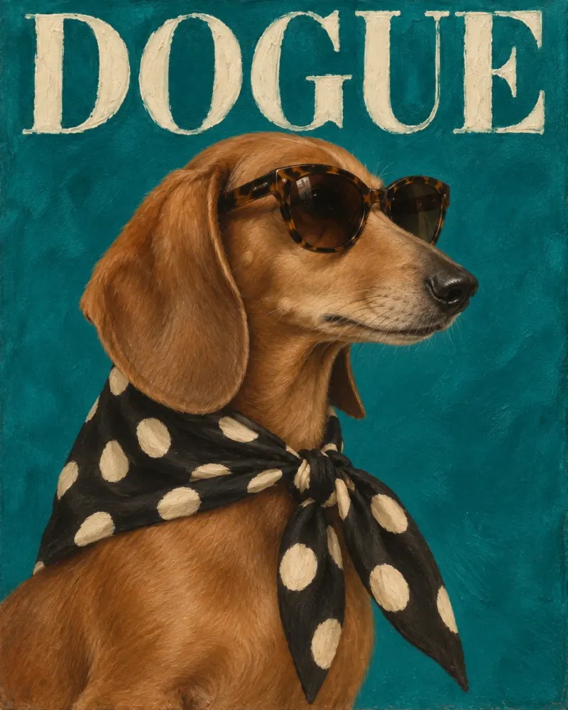 DOGUE cover: a dachshund in tortoiseshell sunglasses and a polka-dot scarf