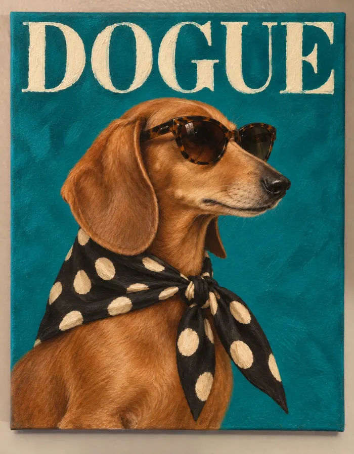 Painted cover titled DOGUE: a dachshund in sunglasses and a polka-dot scarf on teal