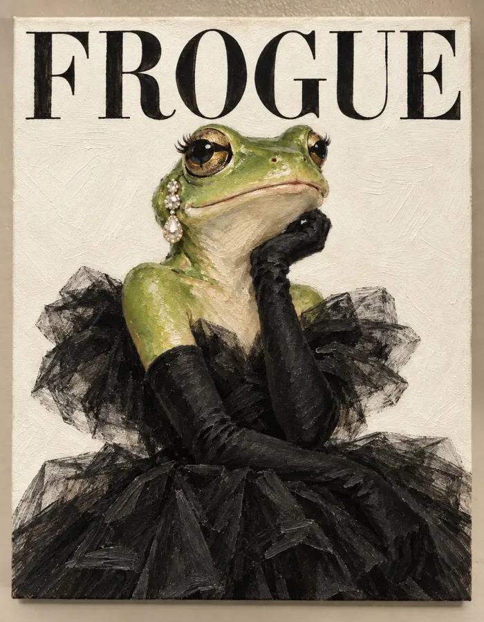 Painted cover titled FROGUE: a frog in black tulle and opera gloves