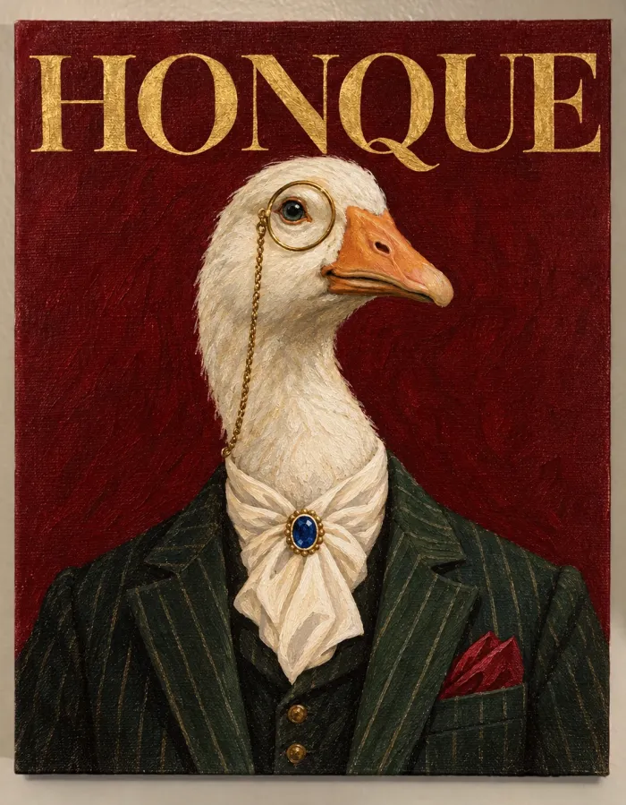Painted cover titled HONQUE: a goose in a pinstripe suit and monocle on red