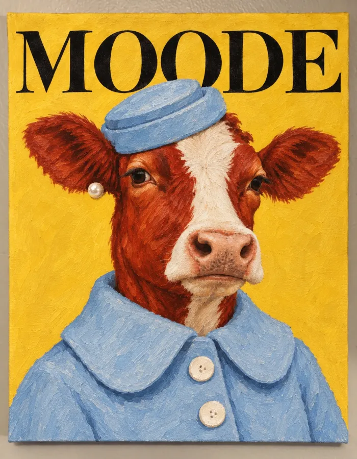 Painted cover titled MOODE: a cow in a blue pillbox hat and coat on yellow