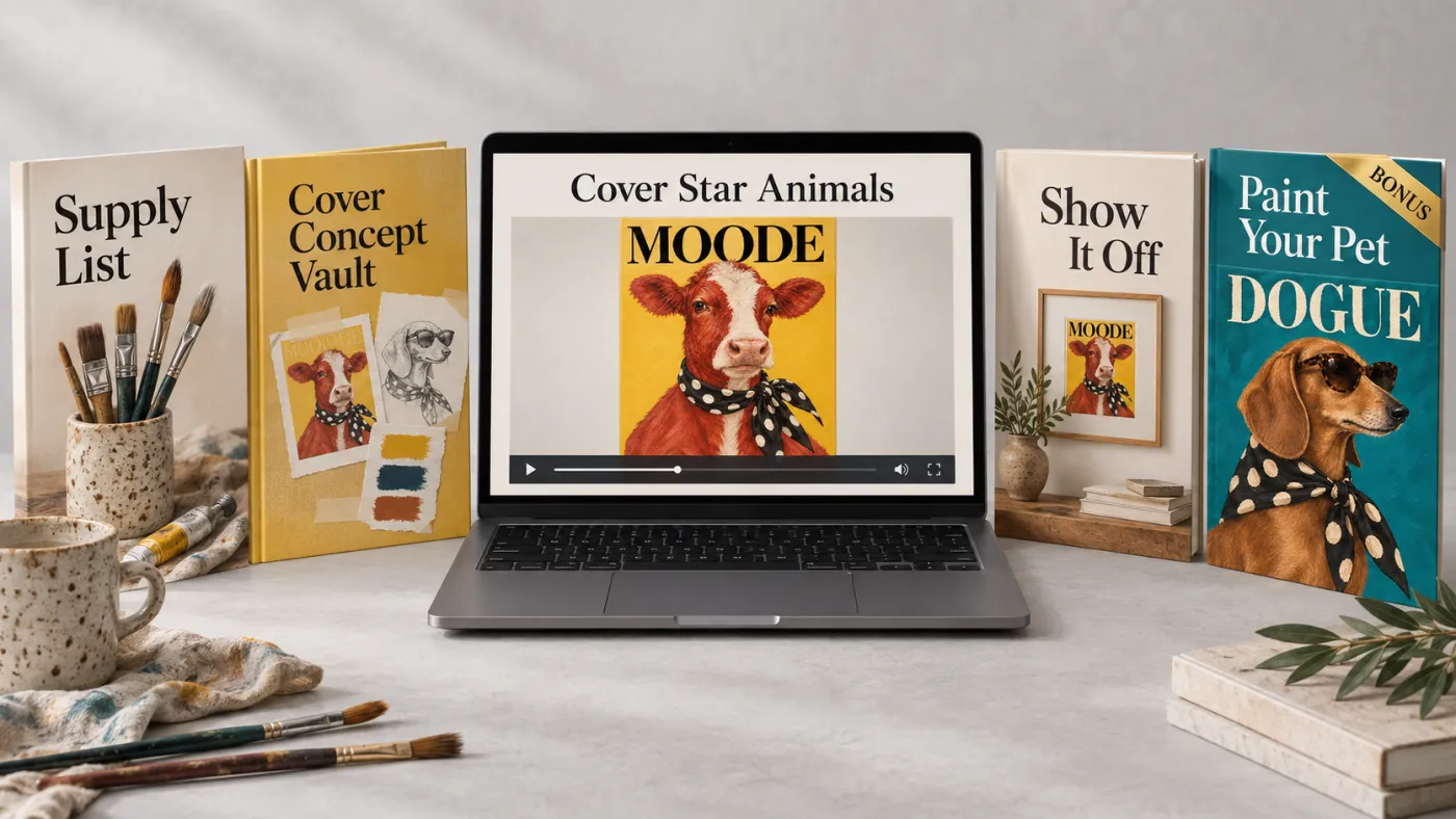 The full bundle: course on a laptop with Supply List, Cover Concept Vault, Show It Off and the Paint Your Pet bonus