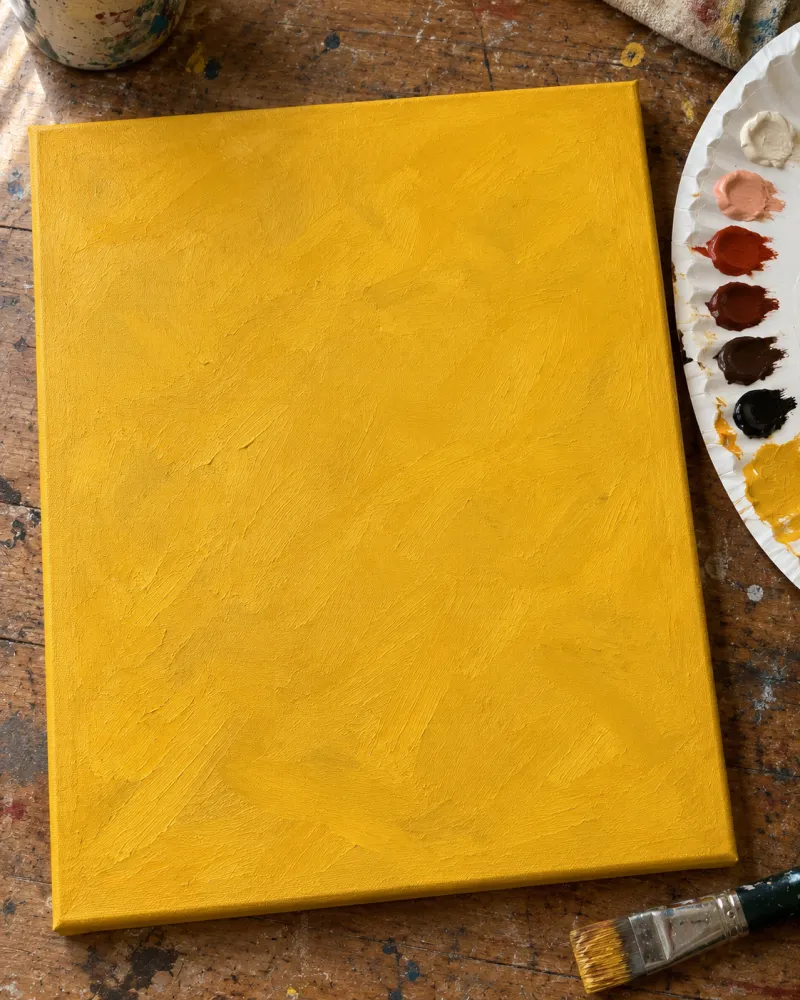Module 1: a canvas with a smooth mustard-yellow background, beside a palette of mixed color swatches