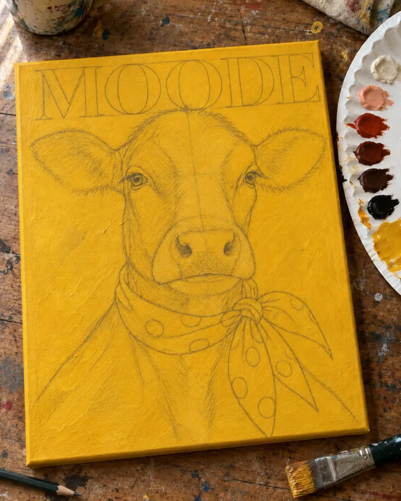 Module 2: a pencil sketch of a cow's head with MOODE lettering outlined above