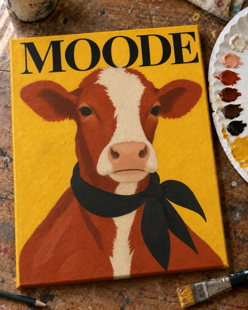 Module 3: the cow painted in flat base colors with a solid black scarf and black MOODE letters