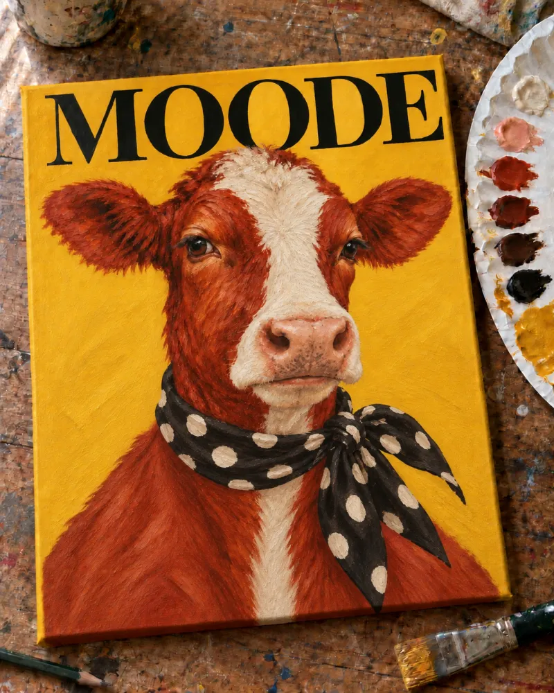 Module 6: the finished MOODE cow cover with a polka-dot scarf