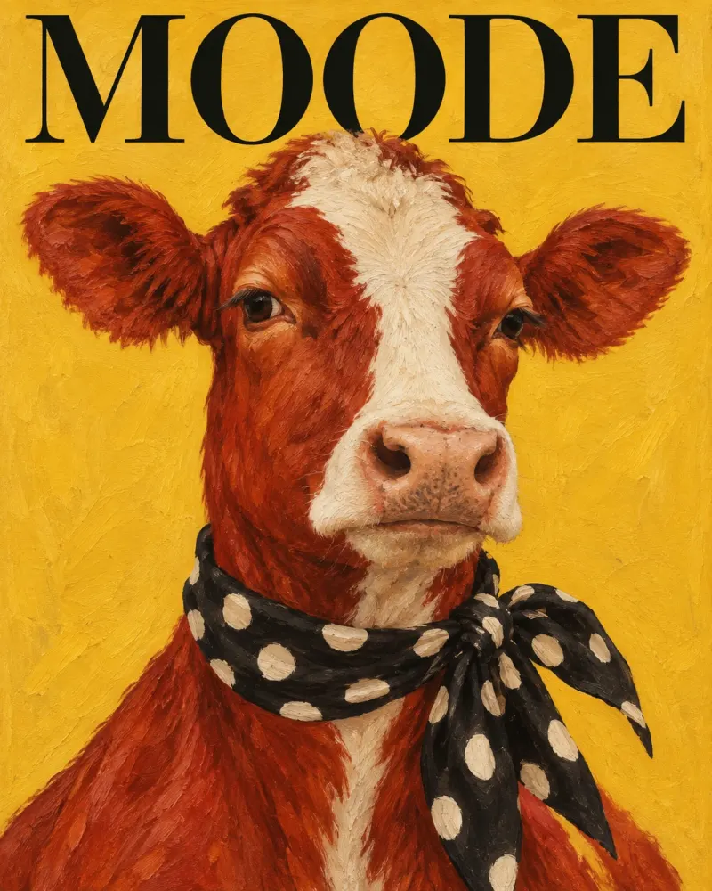 MOODE cover: a cow in a polka-dot scarf on yellow