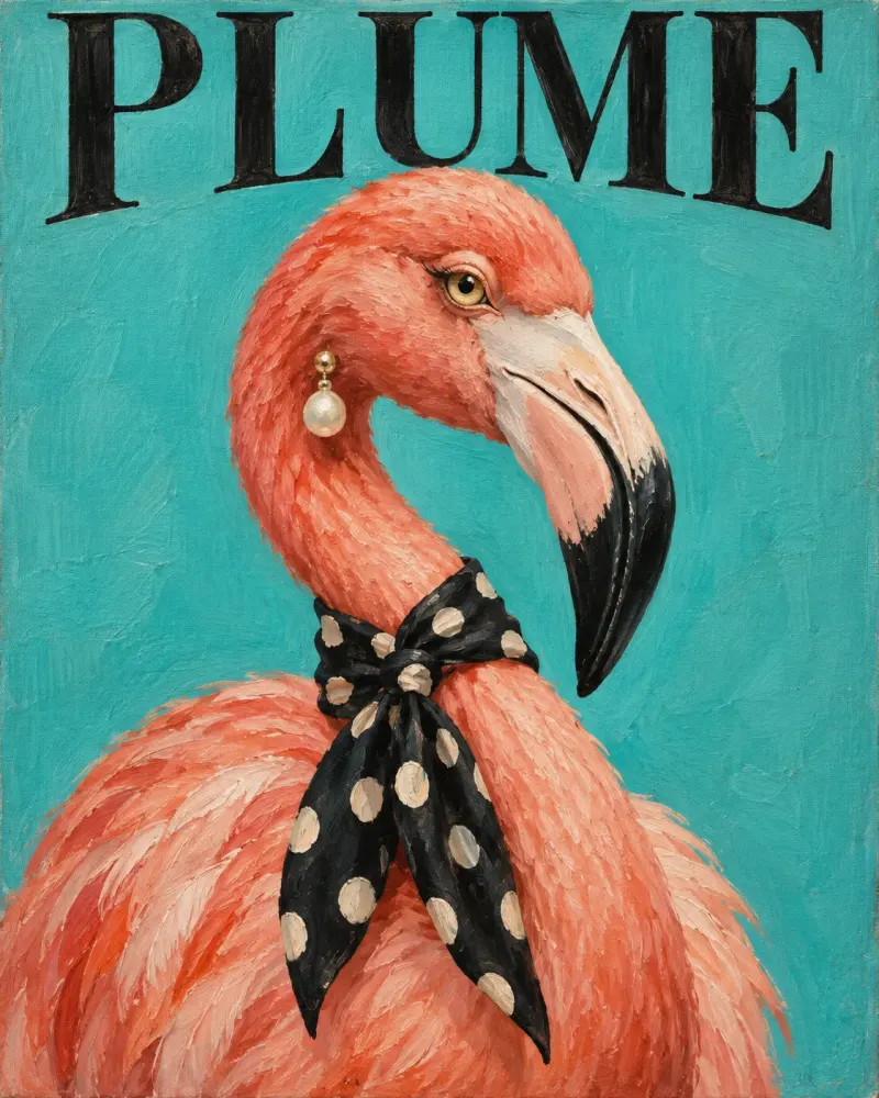 PLUME cover: a flamingo with a pearl earring on turquoise