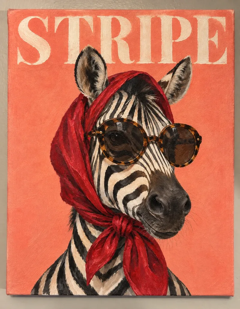 Painted cover titled STRIPE: a zebra in a red silk headscarf and tortoiseshell sunglasses on coral