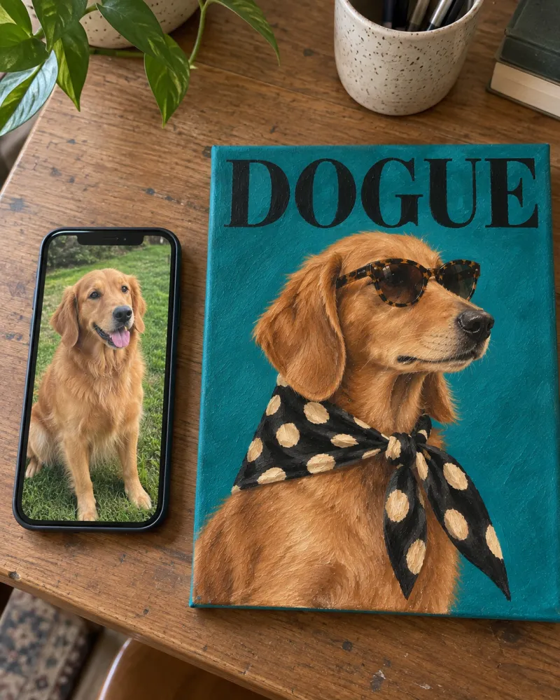 A phone photo of a golden retriever next to a painted DOGUE cover of the same dog